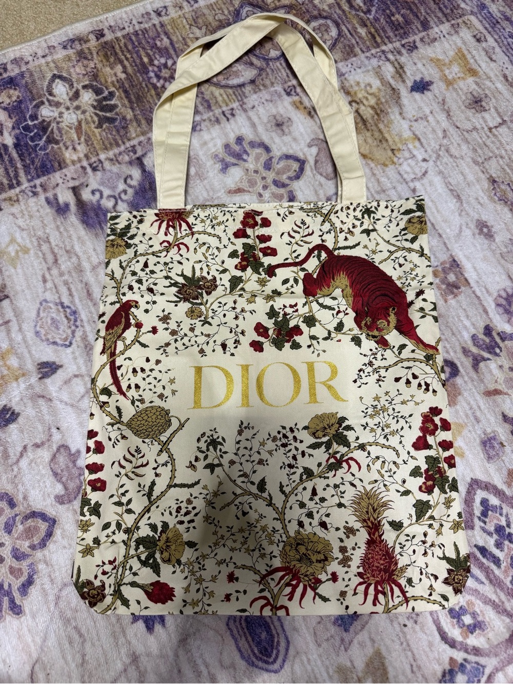 Dior Cream Canvas Tote with Red and Gold Botanical Motif